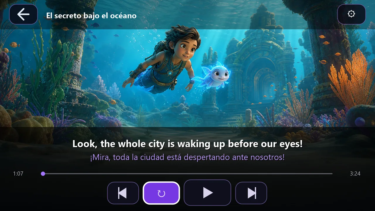 DualSub Android TV player with two subtitle languages and phrase controls