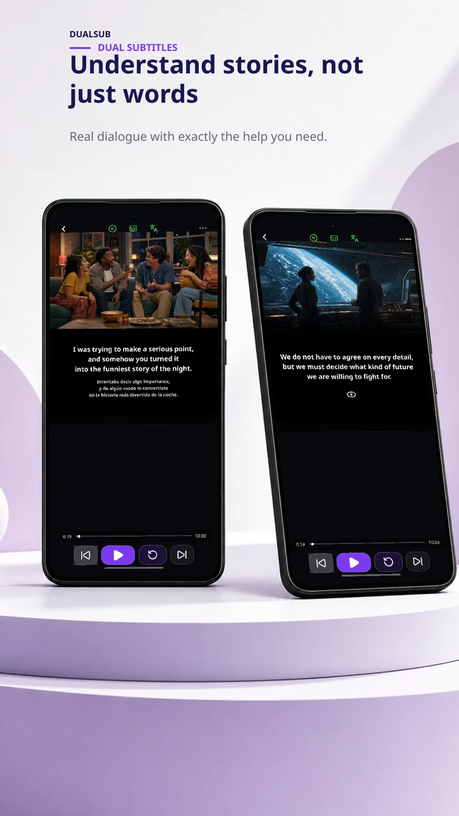 DualSub player showing original and translated subtitles on two Android phones