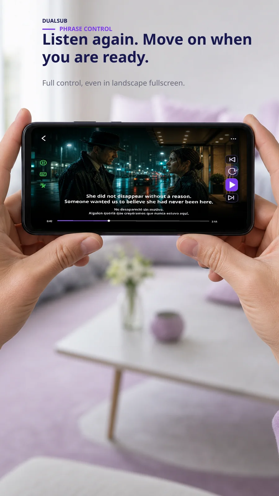 DualSub landscape player with phrase navigation and replay controls